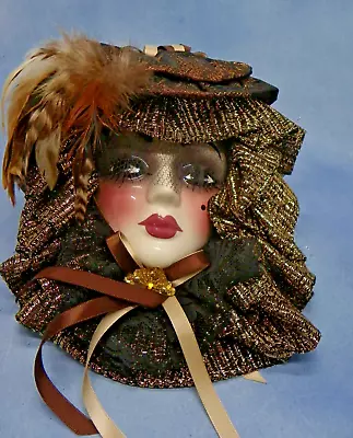 Ceramic Wall Mask Venetian Carnival Style Glittery Fabric Feathers & Mesh Signed • $15.99