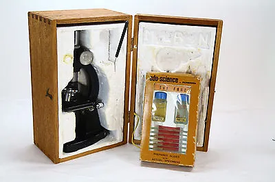 Vintage Milben Science Class Microscope In Wooden Box & Prepared Specimen Slides • $19.95