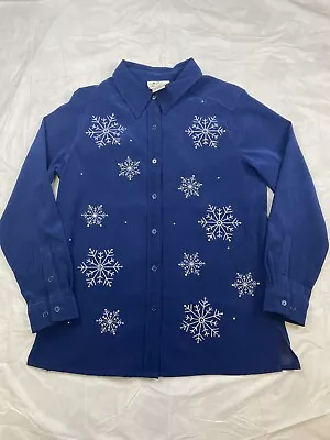 The Quacker Factory Snowflake Embroidered Button Down Shirt Blue Size Medium • $23.95