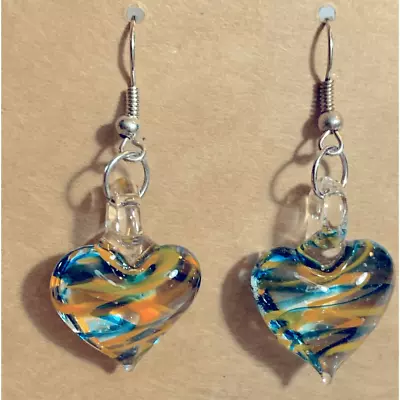 Vintage Murano Glass Heart Earrings Multicolor Pierced 1.75” Gorgeous • $18