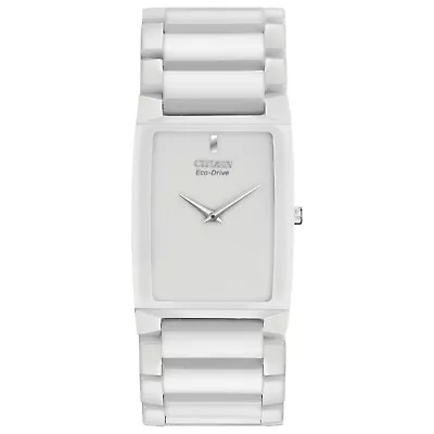 Citizen Eco-Drive Men's Rectangle White Dial Ceramic Band 28mm Watch AR3040-56A • $241.99