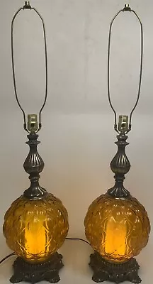 Vintage Pair Amber Glass Globe Hollywood Regency Table Lamps 3 Way 70s Loevsky • $289