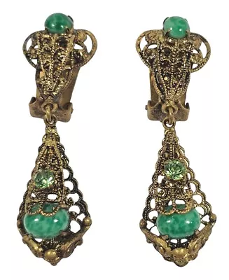 Vintage Peking Glass Czech Dangle Clip Earrings W/ Green Rhinestones Filigree  • $44.99