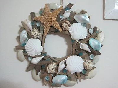 Beach Decor Handmade Seashell And Sugar Starfish Driftwood Wreath - Coastal Home • $159