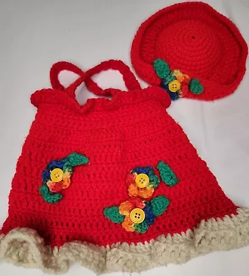 Vintage Hand Crochet Doll Dress 11 And Hat 6  Vibrant Red W/Multicolored Flowers • $9.90