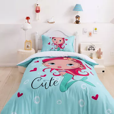 3D Cute Cartoon Mermaid Pink Hair Kids Quilt Cover Set Bedding Sets Pillowcases • $64.21