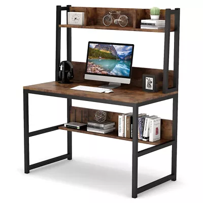 Industrial Computer Desk With Hutch Study Writing Table Home Office Desk • $130.11