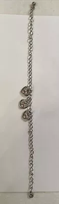 Vintage Silver Tone 9.25” 3 Station Rhinestone  Heart Ankle Bracelet Pre-owned • $13.75