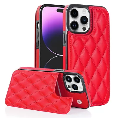 Rhombus Quilted Leather Magnetic Card Slot Wallet Case For IPhone 11 12 13 14 15 • £9.59