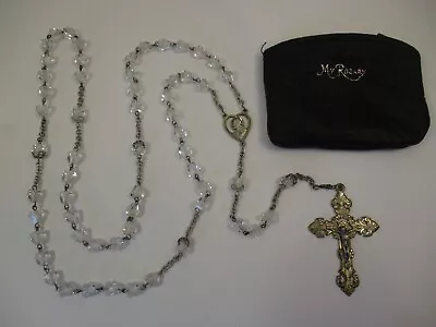 Vintage AP Sterling Silver Rosary Cross Crucifix Clear Crystal Glass Beads Pouch • $49.99