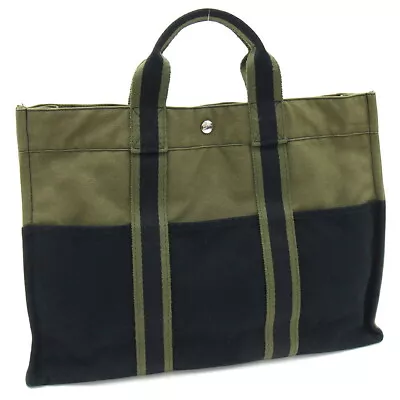 Hermes Handbag Fool Toe Tote MM Olive Navy Cotton Canvas Used Tote Bag Women • $197.14