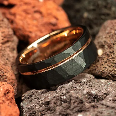 Black & Rose Gold Strip Hammered Brushed Tungsten Mens Wedding Ring 8mm • $99.98