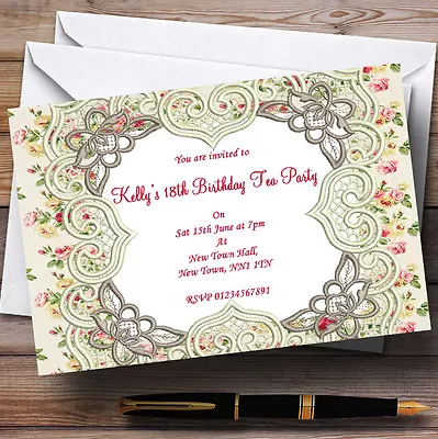 Inspired Floral Vintage Garden Tea Personalised Party Invitations • £9.99