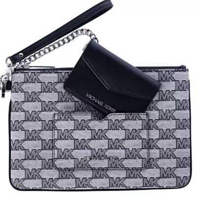 Michael Kors Jet Set Large 2 In 1 Card Case Wristlet Clutch Black Jacquard Nwt • $49.99