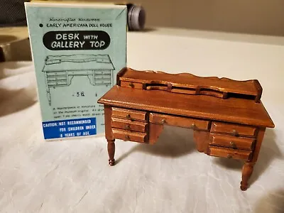 Vintage WOOD Dollhouse HANDCRAFTED Hardwood EARLY AMERICANA DESK Gallery Top • $24