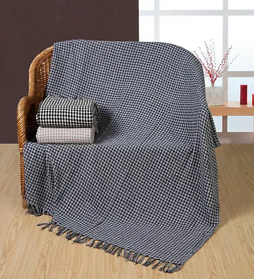 100% Cotton Woven Houndstooth Geometric Sofa / Bed Throw In 3 Colours 2 Sizes • £14.99