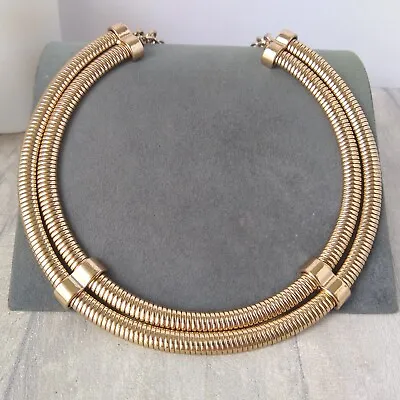 Gold Tone Omega Collar Necklace Two Strand Bar Flex Retro Egyptian Cleopatra • £15