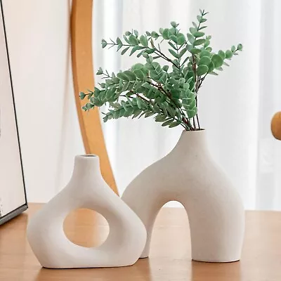 White Ceramic Vase Set Of 2 For Modern Home Decor Round Matte Donut Vases • $23.99