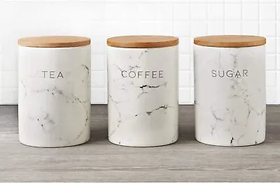 Set Of 3 Jars Kitchen Canister Jar For Tea Coffee Sugar Storage Pots Wooden Lid • £19.99