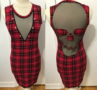 Vintage Y2K Mall Goth Punk Red Plaid Skull Mesh Dress SMALL Hot Topic Abbey Dawn • $47.36