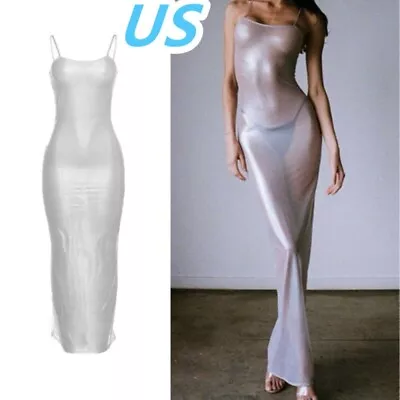 US Womens See Through Bodycon Maxi Dress Sexy Spaghetti Straps Dress Nightwear • $4.74