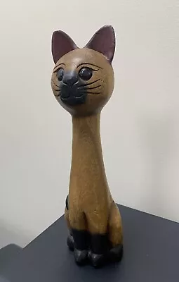 Vintage 50s 60s Wood Wooden Siamese Cat Kitten Handcarved 12  Statue • $9.98