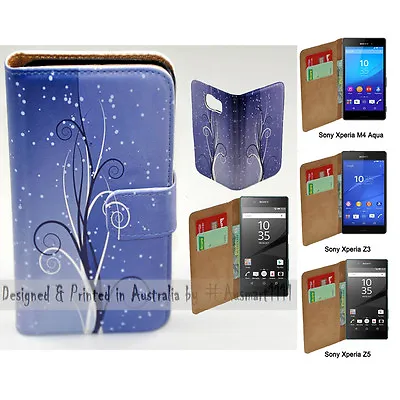 For Sony Xperia Series - Blue Swirl Theme Print Wallet Mobile Phone Case Cover • $13.98