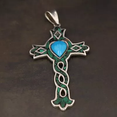 VTG Sterling Silver MEXICO TAXCO Turquoise Malachite Cross Necklace Pendant 13g • $7.50