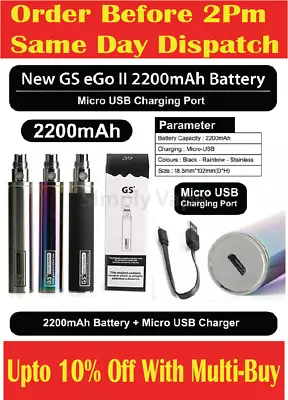 Pack Of 2 GS EGO 2 E Cig 2200mah Shish Cigarette Battery Micro USB Charger Model • £19.95