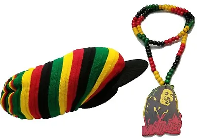 Bob Marley Rasta Wood Bead Necklace Red Green Black W/ XXX Rasta Hat Big Tam Ras • $23.23