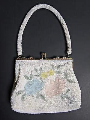 Vintage Beaded Purse Pastel Flowers Clasp Handmade In France Satin Lined • $64.95