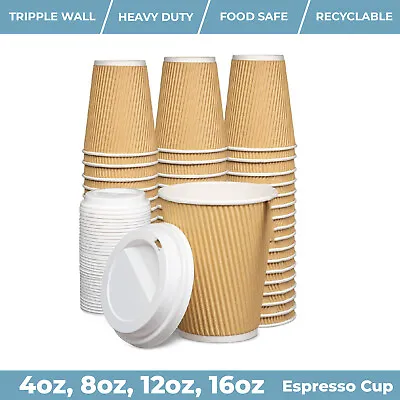 4/8/12/16oz Insulated Ripple Disposable Cup Paper Coffee Brown Cups / White Lids • £54.95