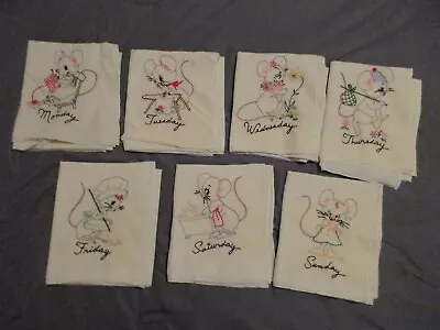 Vintage 7 Days Of The Week Flour Sack Embroidered Mice Mouse  Dish Tea Towels • $22