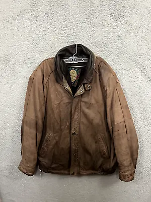 Vintage Members Only Leather Jacket Mens XL Brown Bomber Zip Packable Hood Lined • $43.99