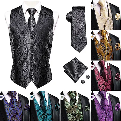 Mens Vest Suit Paisley Floral Waistcoat Blue Black Gold Red Silk Tie Set Jacket • $23.99