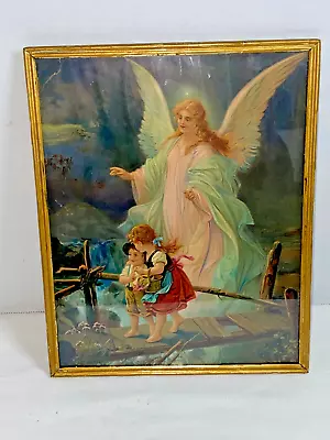 Vintage Guardian Angel Watching Children Crossing Bridge Framed Print Lithograph • $24.88