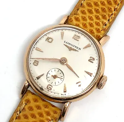 Vintage Longines 17 Jewels Leather Band Mechanical Solid 18k Rose Gold Watch • $895