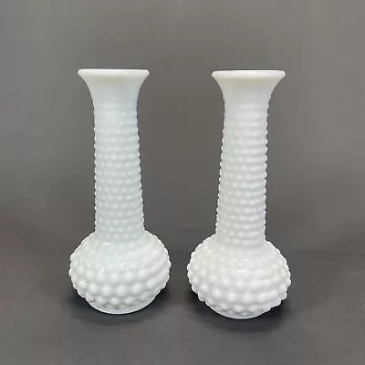 Vintage E O Brody Milk Glass Hobnail Bud Vase 7 5/8  Set Of 2 White USA • $16.99