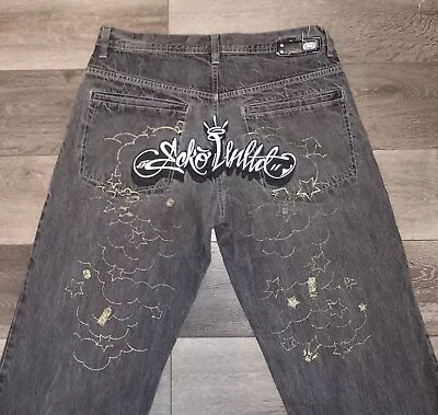 Vintage Ecko Unltd Embroidered Logo Straight Leg Jeans Washed Black Mens 36x30 • $69.99