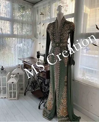 Sale!! Olive Royal African Crystal Work Moroccan Eid Dubai Kaftan Wedding Dress • $141.59