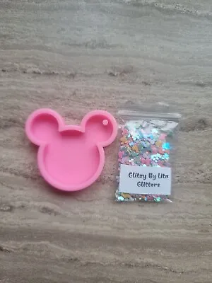 Small Pink Mickey Mold With Pastel Colour Mouse Sequins Bag Resin Keyring Crafts • £6