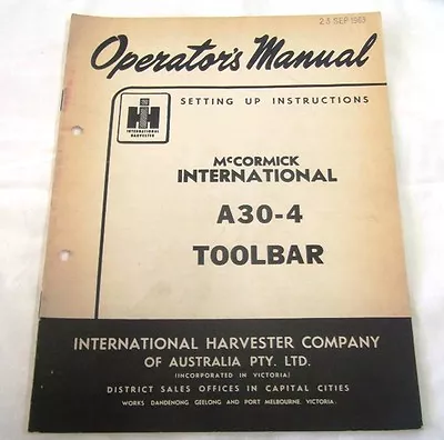 Mccormick International A30-4 Toolbar Operators Manual • $29.99