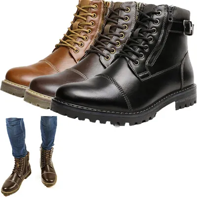 Men's Leather Motorcycle Boots Combat Winter Warm Fur Ankle Shoes US Size 6.5-13 • $35.79