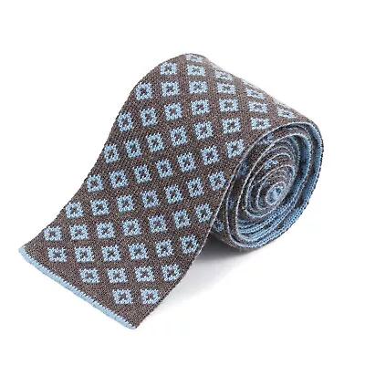 E.Marinella Brown-Sky Blue Jacquard Double-Sided Reversible Knit Cashmere Tie • $109
