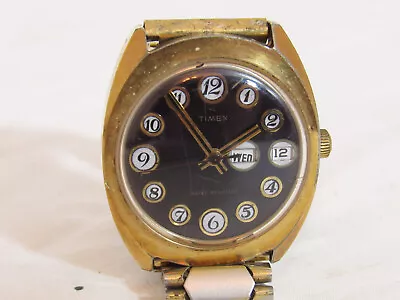 1970s Vintage Timex Gold & Black Telephone Dial Day Date Mens Wristwatch • $12