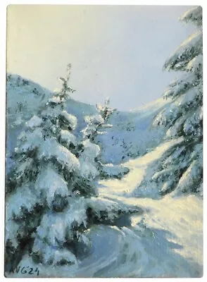 ACEO - Original Miniature Painting Of A Landscape With Snow Trees And Mountains • $18