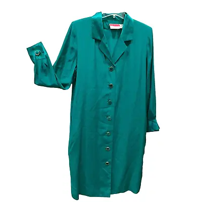 Oscar De La Renta Vtg Silk Jade Green Long Sleeve Knee-Length Dress Sz 14 80s • $120