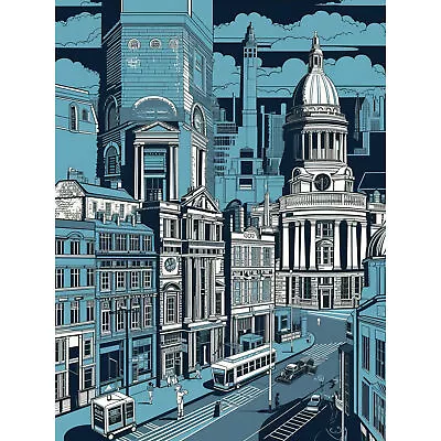 Belfast Cityscape City Centre Hall Linocut Style Huge Art Print Picture 18X24 In • £15.99