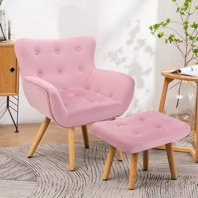 Velvet Accent Armchair Sofa Chair Footstool Set Comfy Upholstered Lounge Seat • £79.92