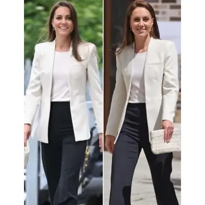 ZARA NEW Long Blazer Inverted Collar Straight Cut Single Breasted White Womens M • $88.97